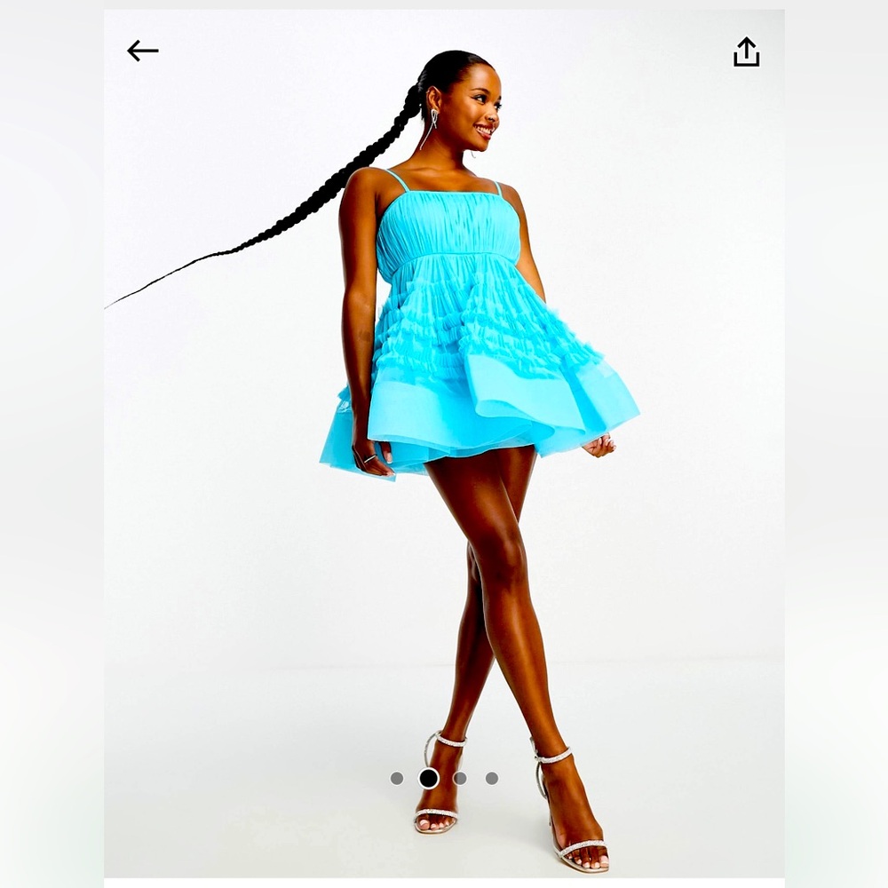 NEW Lace & Beads Petite Empire Tulle Mini Dress Size 4 Turquoise Bright Blue